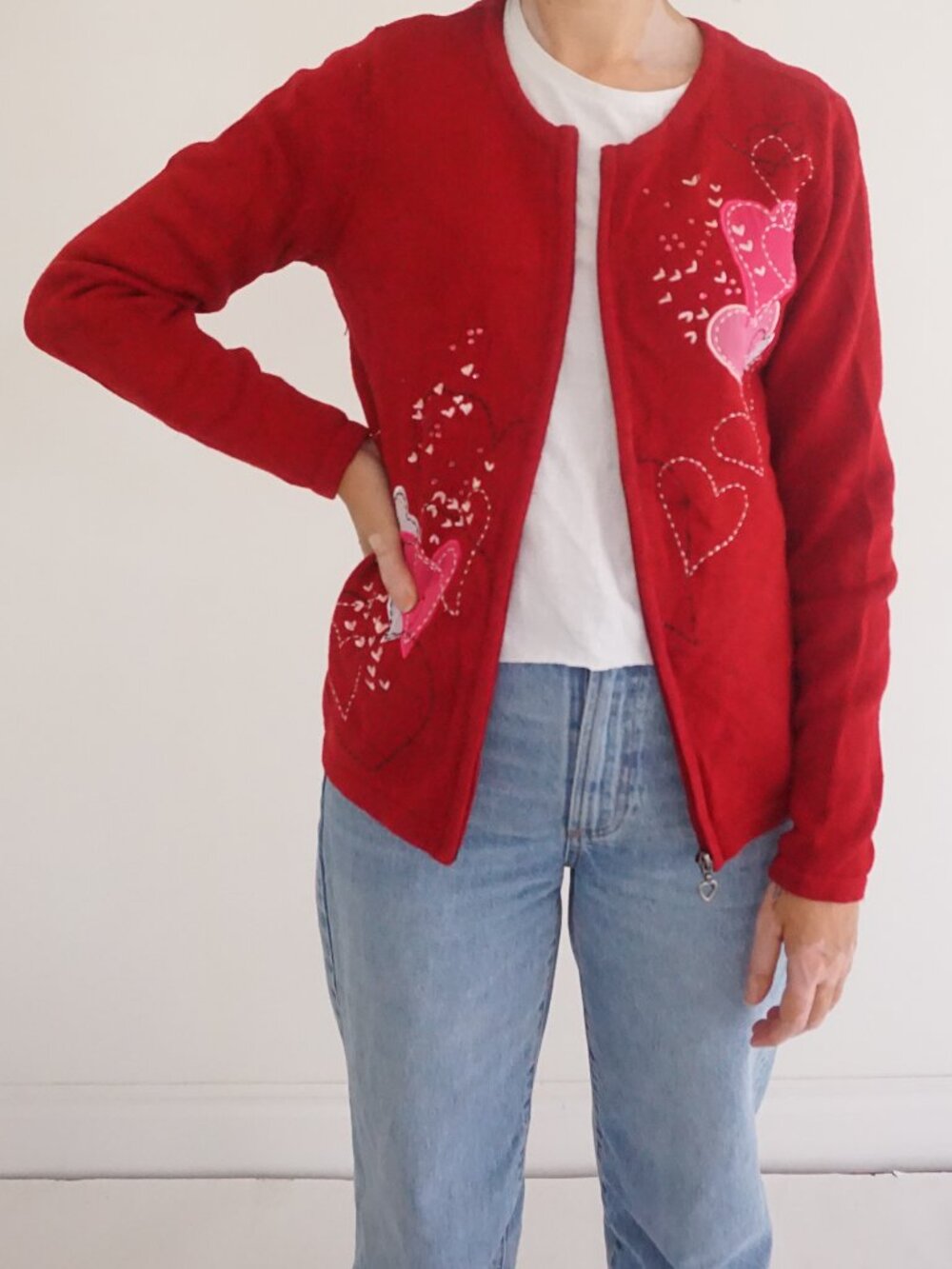 Christopher Banks Red White Heart Embroidered Zip Valentines Cardigan S